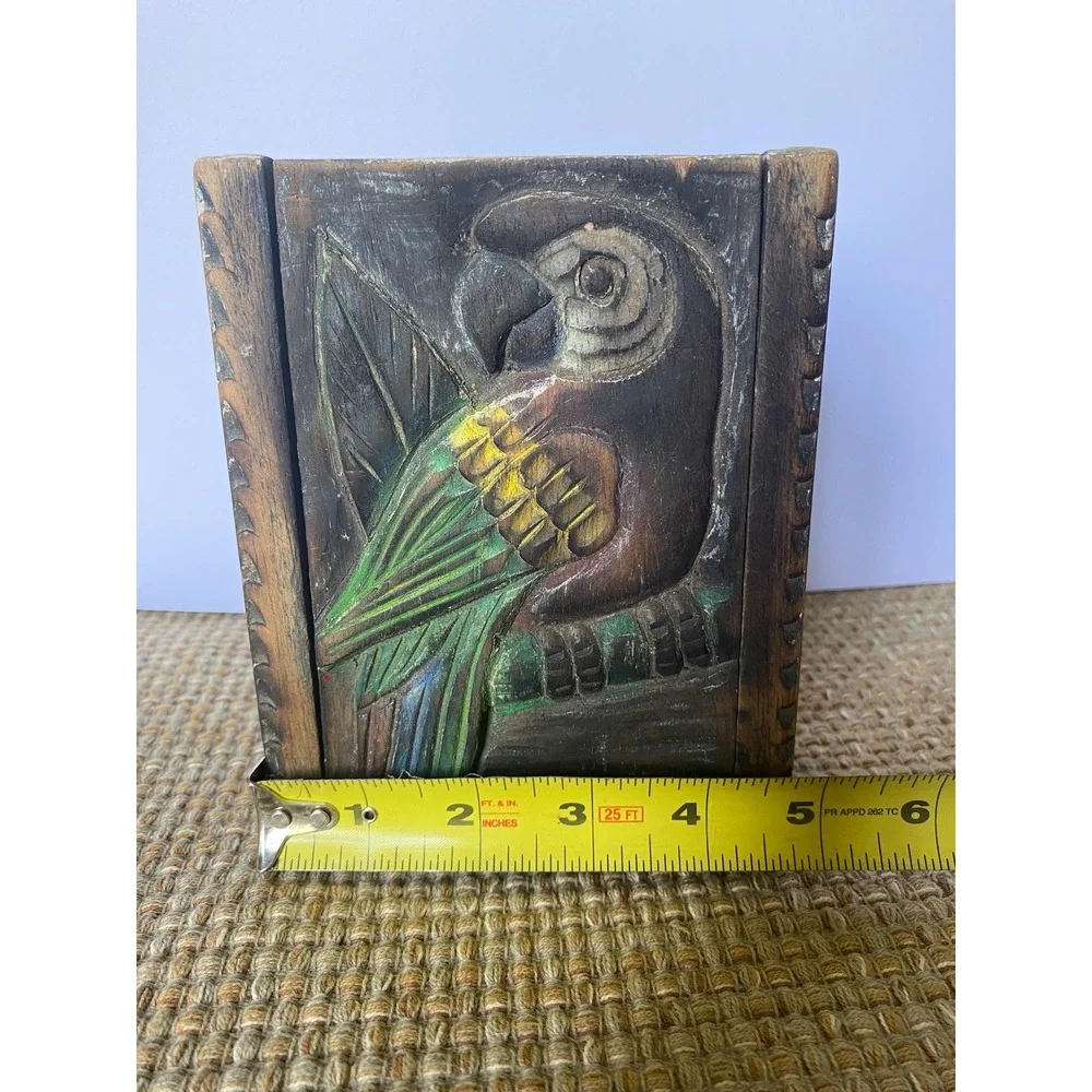 Vintage‎ Hand Carved Wooden Parrot Trinket Box Tropical Folk Art Sliding Lid 6in